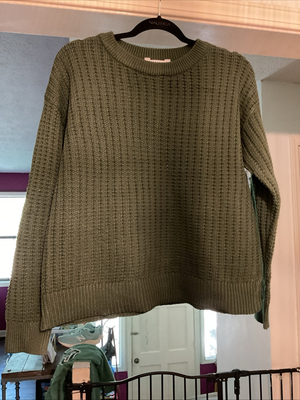 Nautica Olive Green Waffle Knit Crewneck Sweater